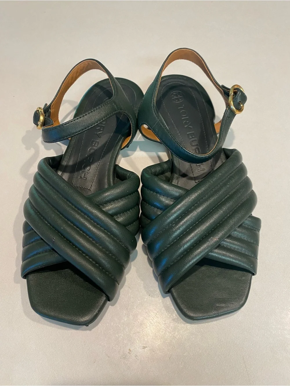 TORY BURCH KIRA QUILTED ANKLE STRAP SANDAL RICH DARK GREEN GOLD HARDWARE SZ 7